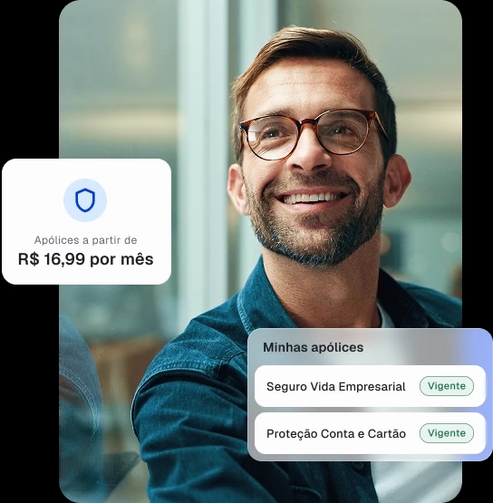 Empresário sorridente usando óculos, com cards sobrepostos indicando "Apólices a partir de R$ 16,99 por mês" e "Minhas apólices", listando Seguro Vida Empresarial e Proteção Conta e Cartão como vigentes