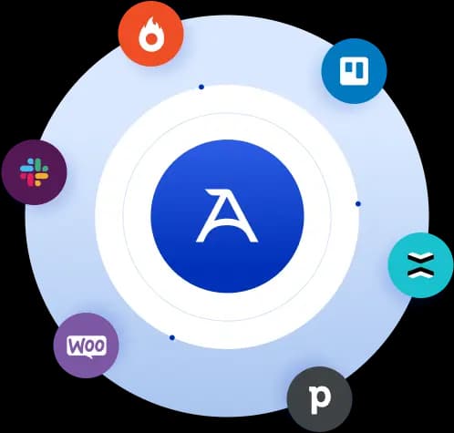 Um círculo azul com o logotipo do Asaas rodeado por outros círculos com logotipos de empresas com as quais o Asaas possibilita a integração por meio da API.