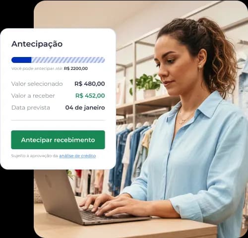 Mulher usando o computador no balcão de uma loja de roupas. Ao lado, recortes da área de antecipação da interface do Asaas.