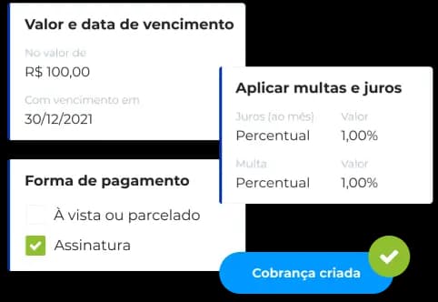 Exemplo fictício ilustrando o preenchimento das informações de cobrança no cartão, como valor, data de vencimento, nome e CPF/CNPJ do cliente, além de multas e juros.